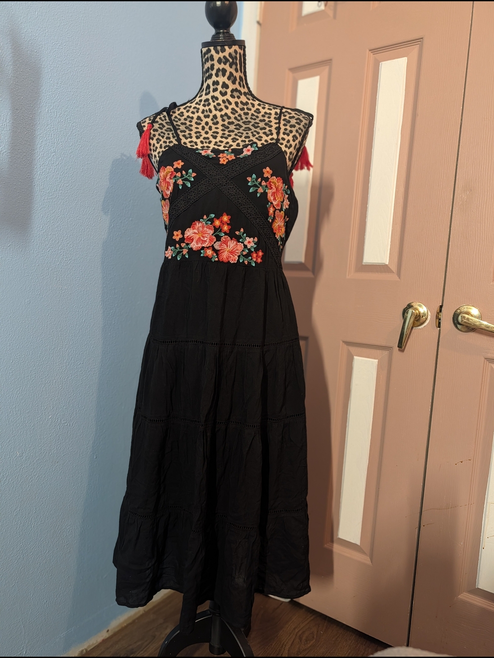 Black Floral Embroidered Midi Dress with Tassel Straps